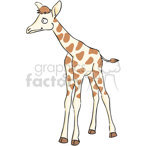 The clipart image is a cute cartoon baby giraffe. It is in vector format and depicts the giraffe with patches on its body. The giraffe is smiling and appears to be happy.