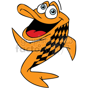 The image shows a cartoon illustration of an anthropomorphic fish. The fish is orange with a checkered pattern on its body. It has large expressive eyes, an open mouth with a visible red tongue, and it appears to be in a joyful or excited pose.