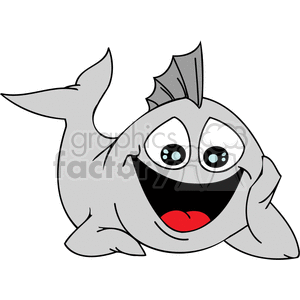 The image depicts a cartoon fish. The fish is illustrated in a playful manner, lying on its side with a big, humorous smile, and wide, excited eyes. Its tongue showing, adding to the comical effect of the image.