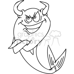 The clipart image depicts a cartoonish fish designed to look humorous. The fish has exaggerated facial features with large, bulging eyes and sharp teeth, which give it an almost mischievous or devilish appearance. It sports two horn-like structures on its head, further contributing to its devilish aspect, and the body and fins are curved in a dynamic pose, suggesting movement or an animated expression.