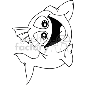 This is a black and white line art illustration of a funny cartoon fish with exaggerated features. It appears to be swimming, and its eyes are bulging and highly expressive, evoking a humorous or surprised expression.
