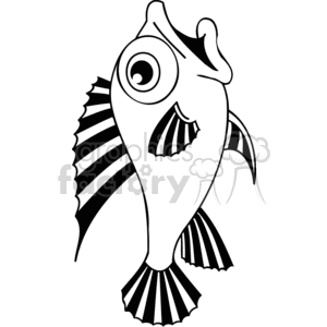 The image is a black and white clipart of a humorous fish. It features an exaggerated cartoon style with a big, swirl eye and a quirky grin that gives the fish a silly and playful appearance. The fish has striped fins and a tail, adding to the whimsical design.