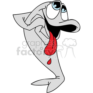 This clipart image depicts a cartoon fish with a humorous expression. It has big, exaggerated eyes looking up, a downturned open mouth, and a bright red tongue sticking out. The fish is grey with a black outline and has a couple of red droplets coming from its mouth, suggesting it might be tired or exhausted. The cartoon fish appears to be leaning on its fin like a hand, conveying a sense of exhaustion or resignation.