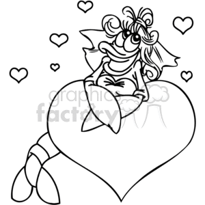This clipart image features a stylized cartoon lobster with a humorous expression, wearing a bow tie and perched atop a large heart. The lobster has oversized claws and a playful tuft of hair or antennae on its head. Around the lobster and the heart are smaller hearts, adding to the Valentine's Day theme of the image.