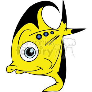 The image is a clipart of a stylized yellow and black fish. The fish has a large eye, a smiling face, and fins depicted in a cartoon-like manner.