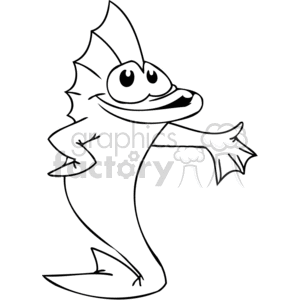 This is a black and white clipart image of a cartoon fish. The fish has a playful and friendly appearance, with big eyes and a smiling mouth. It has a large fin on its back, and the tail and fins are stylized with simple lines suggesting movement or a relaxed pose.