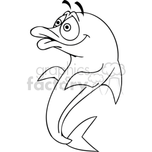 The clipart image features a stylized cartoon dolphin with exaggerated facial features, such as large, bulging eyes and a pronounced snout. The dolphin has a humorous expression, with its mouth curved into a quirky smile and one eyebrow raised, adding to the comical nature of the image.