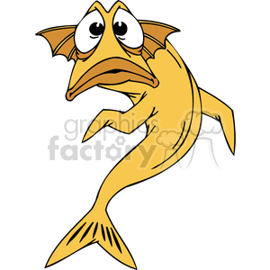 The image is a clipart of a yellow fish with an exaggerated expression that suggests it is confused or scared. The fish has large white eyes with black pupils, which are looking upwards. Its mouth is turned downwards in a frown, and a flipper is placed on its head in a gesture that commonly conveys confusion or worry. The fish has pronounced orange fins and a tail.