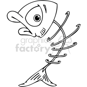 The image features a cartoon-style drawing of a fish with its skeleton exposed. The fish skeleton includes the head with an eye and mouth, a series of rib-like bones, and a tail. The drawing is stylized and humorous, conveying a playful representation of a fish's bone structure.

