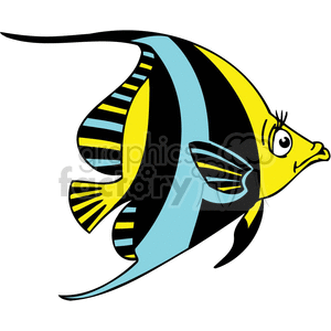 The image depicts a colorful cartoon fish with exaggerated features that give it a humorous expression. The fish is primarily yellow with blue and black stripes, and it has big eyes and a surprised look.