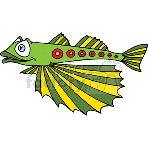 This clipart image features a cartoon fish characterized by a humorous expression. The fish is green with yellow and dark green striped fins and tail, and it has a series of red spots surrounded by circular outlines along its body. Its eye is popped out, and it has a funny open-mouthed grin, which adds to the comedic nature of the illustration.