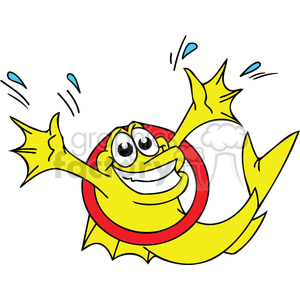 This clipart image features a whimsical, cartoonish yellow fish with big, expressive eyes and a wide, friendly smile. It appears to be swimming happily through a red and yellow ring, which adds to the comical aspect of the picture. Droplets of water are illustrated around the fish, suggesting movement or splashing. 