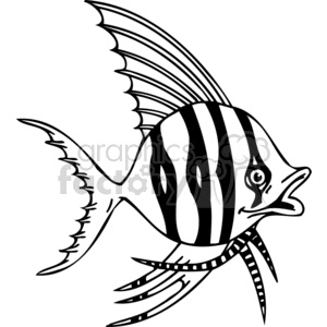This is a black and white clipart image of a tropical fish. The fish has prominent vertical stripes on its body, and its fins are large with elegant, flowing edges. It appears to be a stylized version of a fish, possibly inspired by a species like angel fish or butterfly fish, which are known for their stripes and wing-like fins.