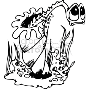 The clipart image depicts a cartoon of a sea snail with a sad expression on its face. The snail has a large, swirled shell and droopy eyes, emphasizing its gloomy mood. It is surrounded by underwater elements like sea plants, which could be representing seaweed or algae, and some rocky or sandy textures at the base, possibly indicating a seabed. 
