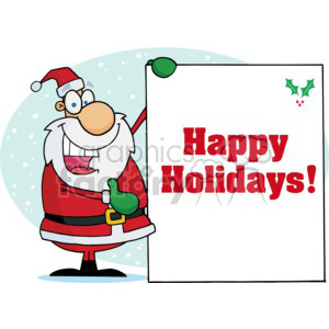 A cheerful cartoon Santa Claus holding a sign that reads 'Happy Holidays' with a holly decoration in the corner.