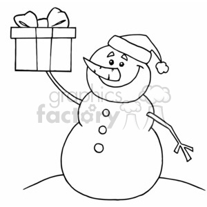 A cheerful snowman wearing a Santa hat, holding a wrapped gift.