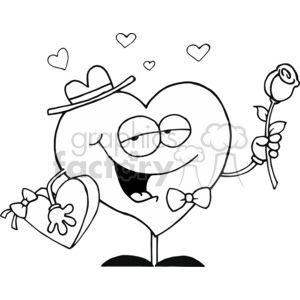 A cartoon heart character wearing a hat and bow tie, holding a rose and a heart-shaped box with a bow. Small hearts are floating above.