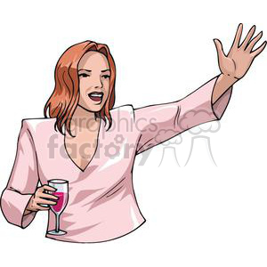 Clipart image of a person smiling, holding a glass of wine, and waving, suitable for New Year's Eve or celebration themes.