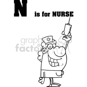 Cartoon illustration of a funny nurse character holding a syringe with text 'N is for NURSE'.