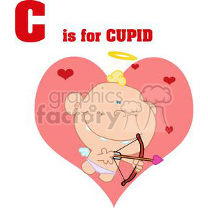 A cute cartoon Cupid character holding a bow and arrow, set against a heart background with the text 'C is for Cupid'.