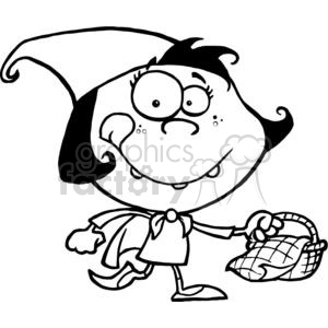 This clipart image features a cartoon representation of the character Little Red Riding Hood. She appears to be a cheerful and funny character with exaggerated facial features like a large smile and big eyes. The character is wearing a dress with a bow at the front and has a cape with a hood that drapes over her head. Additionally, she is holding a picnic basket that appears to contain a cloth or a blanket. The style of the image is simplistic, with bold outlines and no color—ideal for coloring activities or as a template for further artistic work.