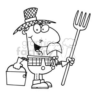 black and white cartoon farmer in a straw hat