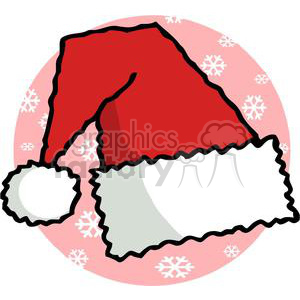 A clipart image of a Santa hat with a backdrop of snowflakes on a pink circular background.