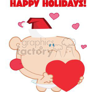 A funny cartoon character wearing a Santa hat, holding a large red heart, and surrounded by floating hearts. The image features the text 'Happy Holidays!' above the character.