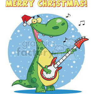 A funny green dinosaur character wearing a Santa hat and playing an electric guitar, with a snowy background and the text 'Merry Christmas!' above.