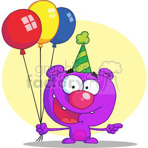   Happy Purple Bear in a Green Party Hat with Balloons 