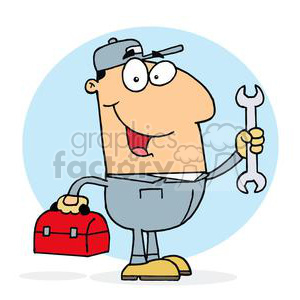 A cartoon character of a smiling mechanic holding a wrench and a red toolbox.