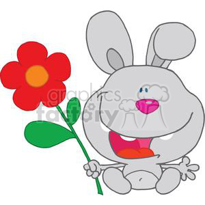 The clipart image depicts a funny cartoon character that resembles a happy, grey rabbit. The rabbit is smiling widely, showing its teeth, and holding a large red flower with a yellow center and green leaves and stem.