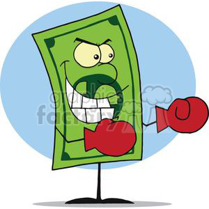 A cartoon dollar bill character with an angry expression wearing red boxing gloves, ready to fight.