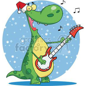 A funny cartoon dinosaur wearing a Santa hat and playing an electric guitar with musical notes around it, set against a snowy background.