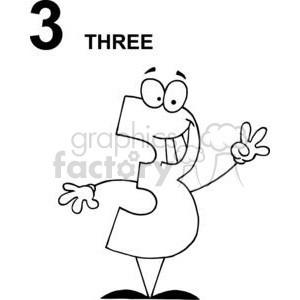 A cartoon character designed as the number three. The character has a smiling face and is making a peace sign with one hand.