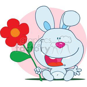 The clipart image features a cartoon of a whimsical, blue rabbit character holding a large red flower with a yellow center. The rabbit has large ears, round cheeks, and is smiling widely, showing its tongue. Behind the character and the flower is a circular pink backdrop creating a cheerful and playful vibe.
