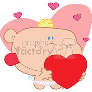 A cute, cartoon-style cupid character holding a large red heart, surrounded by pink love hearts.