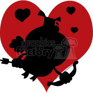 A humorous silhouette of a cupid character with a bow and arrow, set against a background of red hearts.