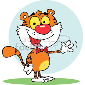   The clipart image shows a cartoon character resembling a funny, friendly orange tiger. The tiger has a big smile, round yellow eyes, and a prominent red nose. It