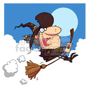 Witch rides broom at night with a full moon