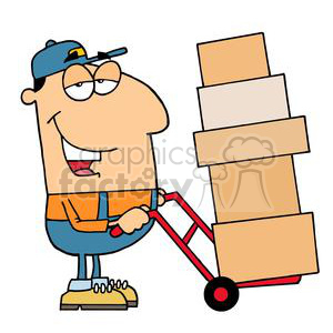 A humorous cartoon character of a mover pushing a hand truck loaded with boxes.