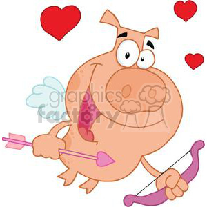 A humorous cartoon pig character dressed as Cupid holding a bow and arrow surrounded by love hearts, representing Valentine's Day.