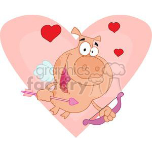 A cartoon cupid pig holding a bow and arrow with hearts around it, set against a large heart background.