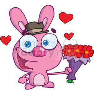 A cute pink cartoon rabbit wearing a brown hat, holding a bouquet of red flowers with hearts floating around.