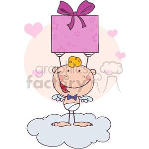 A cartoon baby angel with wings and a bow tie, standing on a cloud, holding a large pink gift box with a ribbon. The background features hearts and stars.