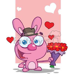 A cute, cartoon-style pink bunny character holding a bouquet of red flowers, wearing a hat, surrounded by hearts on a pink background.