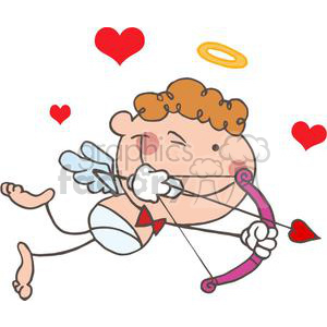 A cute and funny stick figure cupid with a bow and heart-shaped arrow, surrounded by red hearts and wearing small wings and a halo.