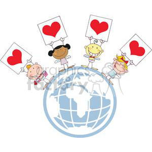 A cute and funny clipart image featuring stick figure cupids holding heart signs around a globe, symbolizing love and unity.