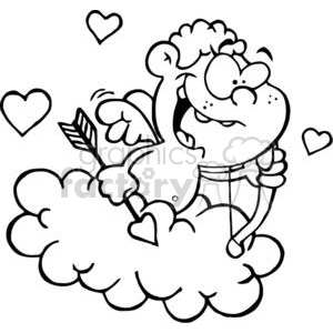 A humorous clipart illustration of a cupid character holding a bow and arrow, sitting on a cloud surrounded by hearts.