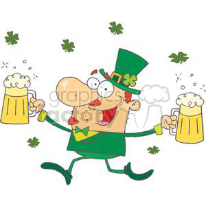 A cheerful cartoon man in green attire and a shamrock hat holding two frothy beer mugs, surrounded by clovers, celebrating St. Patrick's Day.